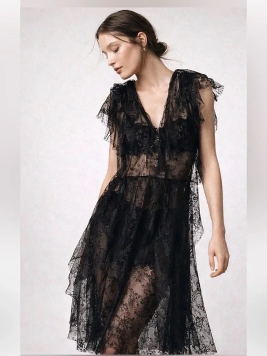 NWT Zara Woman Bloggers Fav LIMITED EDITION LACE MIDI DRESS Black Size M Medium - Picture 1 of 12